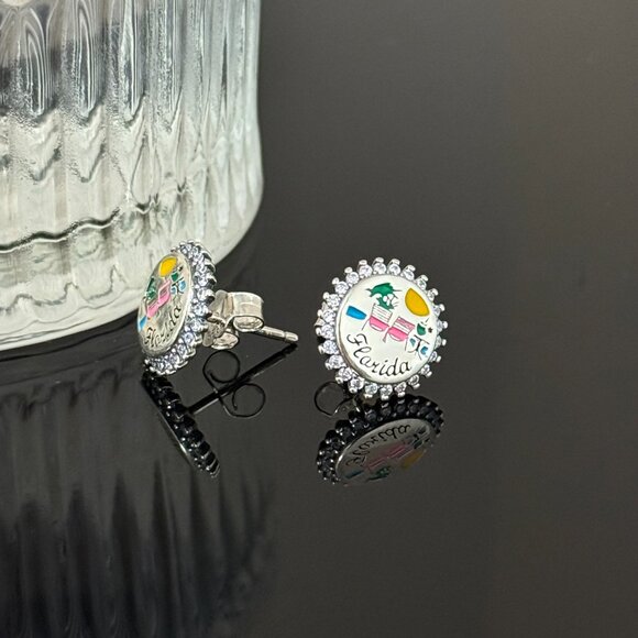 Florida Beach Bling Earrings S925 Sterling Silver Handmade Ear Stud - Picture 2 of 4